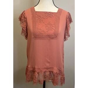 Ella Moon Size S Women's Square Neck Ruffle Shoulder Lace Panel Top Canyon Rose